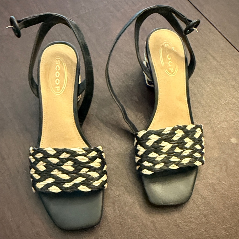 Scoop Black and Cream Woven Block Heel Ankle Strap Sandals, Size 7 1/2
